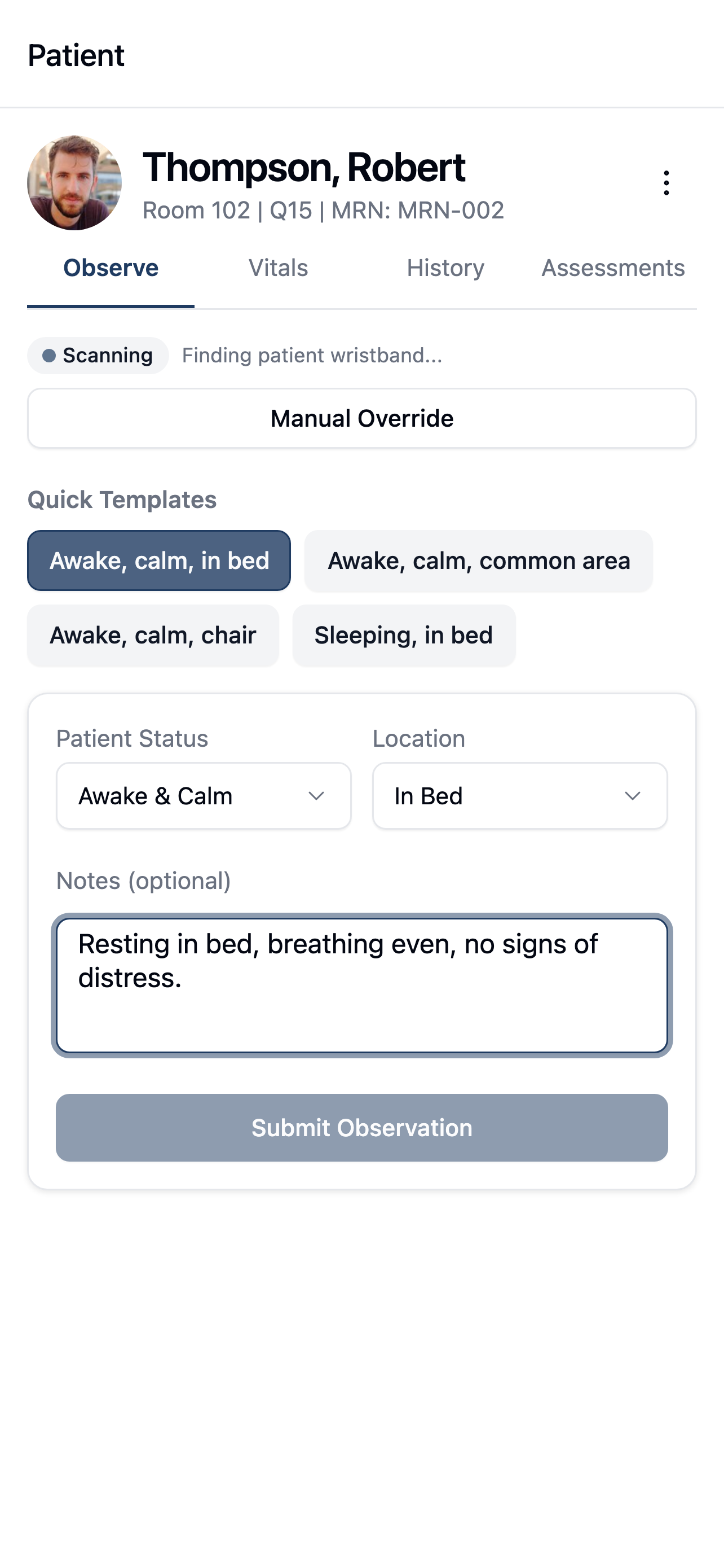 Ward mobile app showing a sample patient’s observation form, quick templates, and proximity status